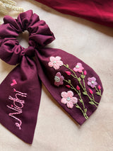 Pushpita Wine Hand Embroidered Custom Name Scrunchie