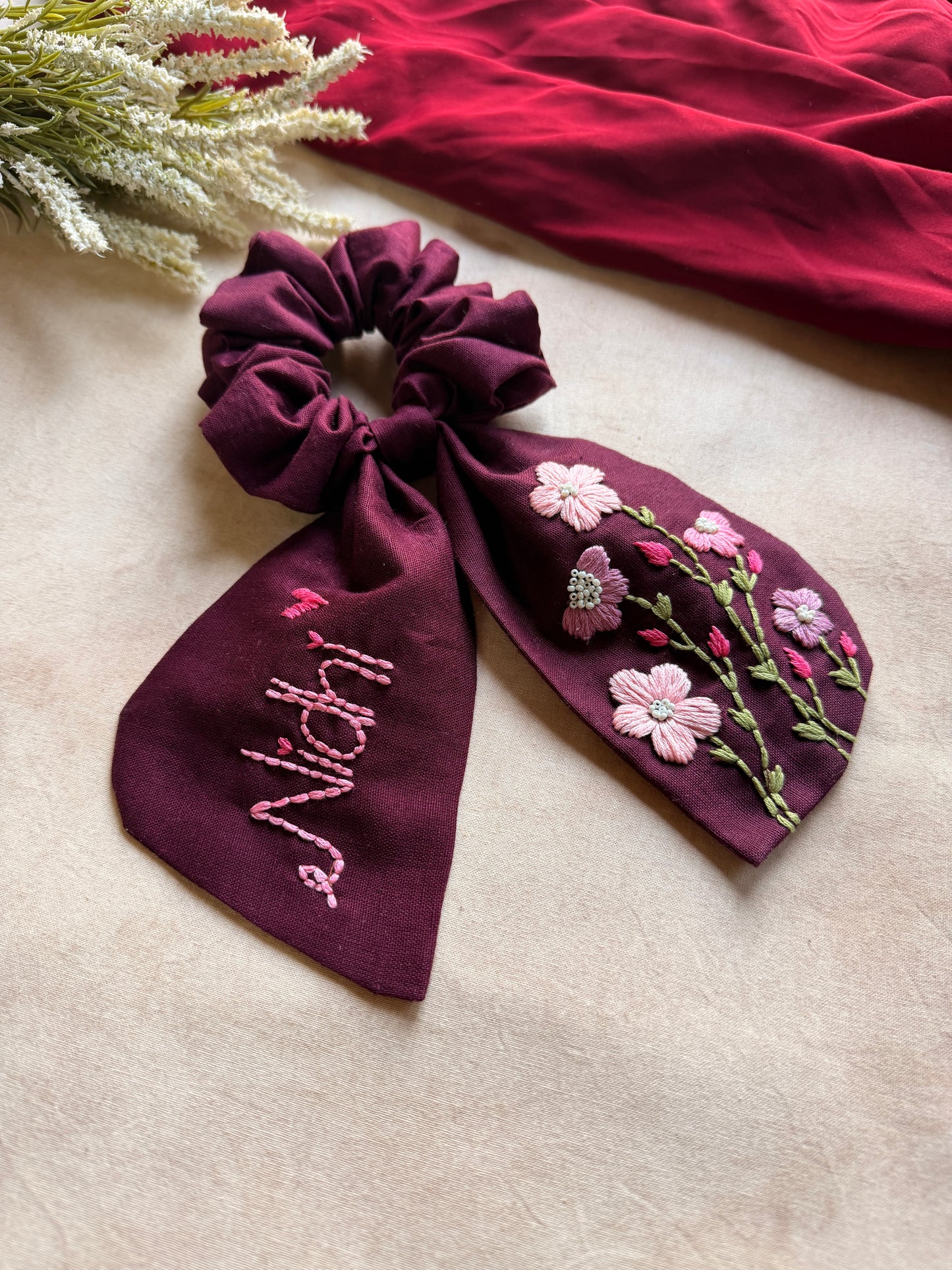 Pushpita Wine Hand Embroidered Custom Name Scrunchie