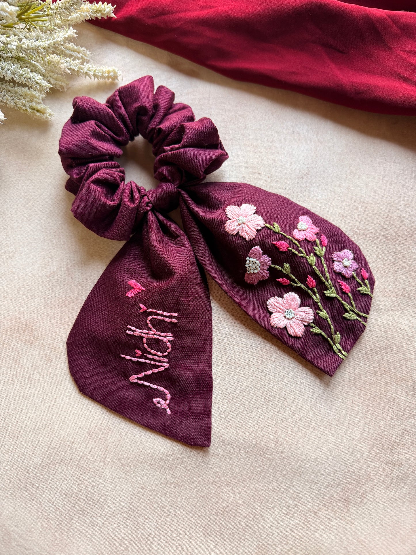 Pushpita Wine Hand Embroidered Custom Name Scrunchie