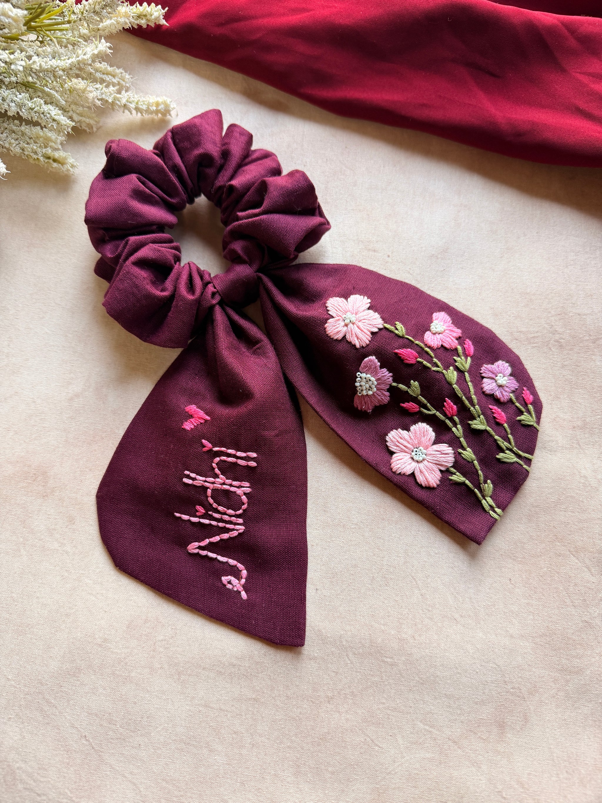 Pushpita Wine Hand Embroidered Custom Name Scrunchie