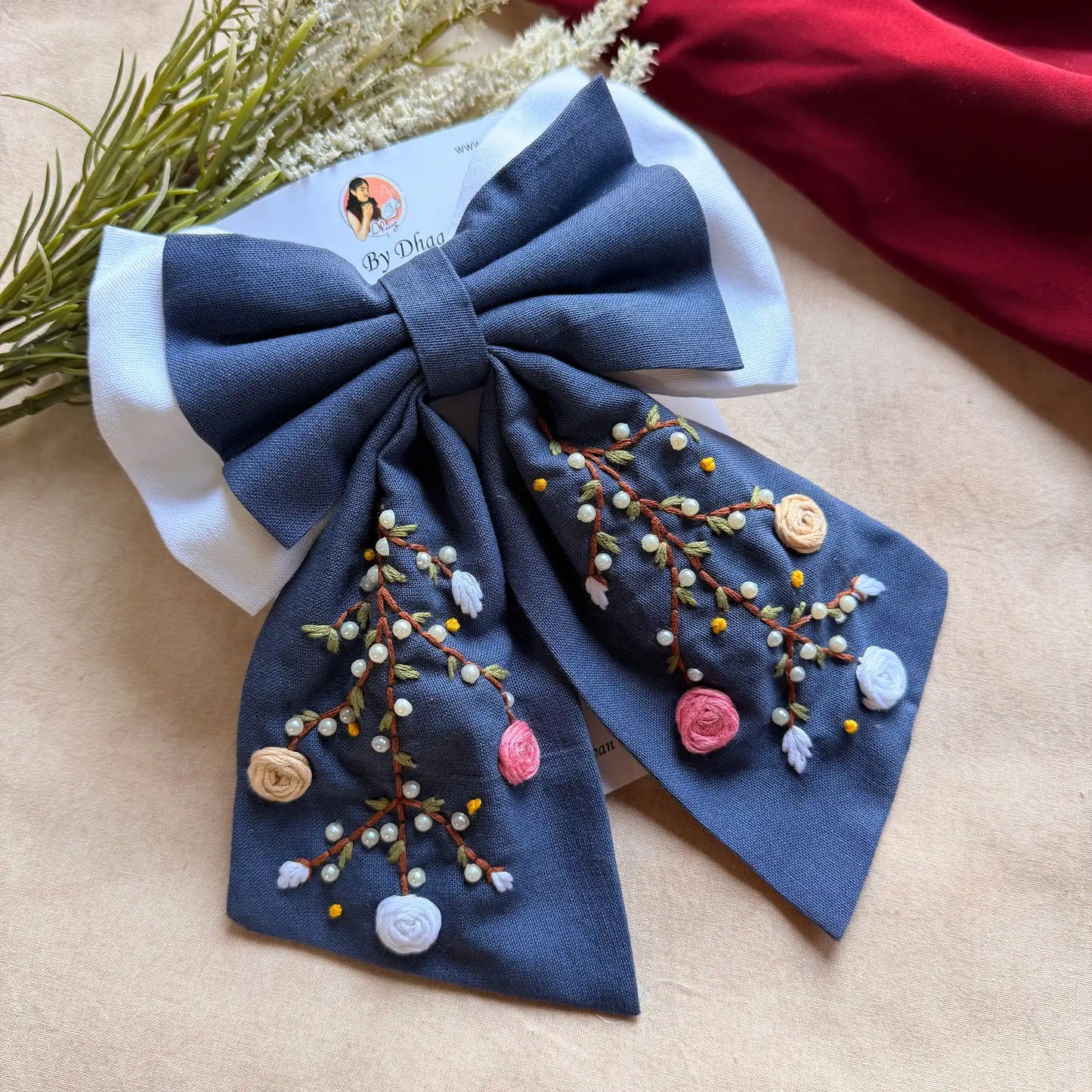 Aaradhya Denim Blue Hand Embroidered Bow Hairband