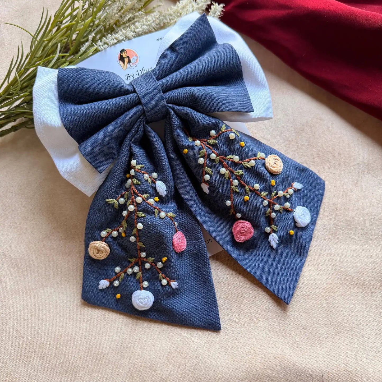Aaradhya Denim Blue Hand Embroidered Bow Hairband
