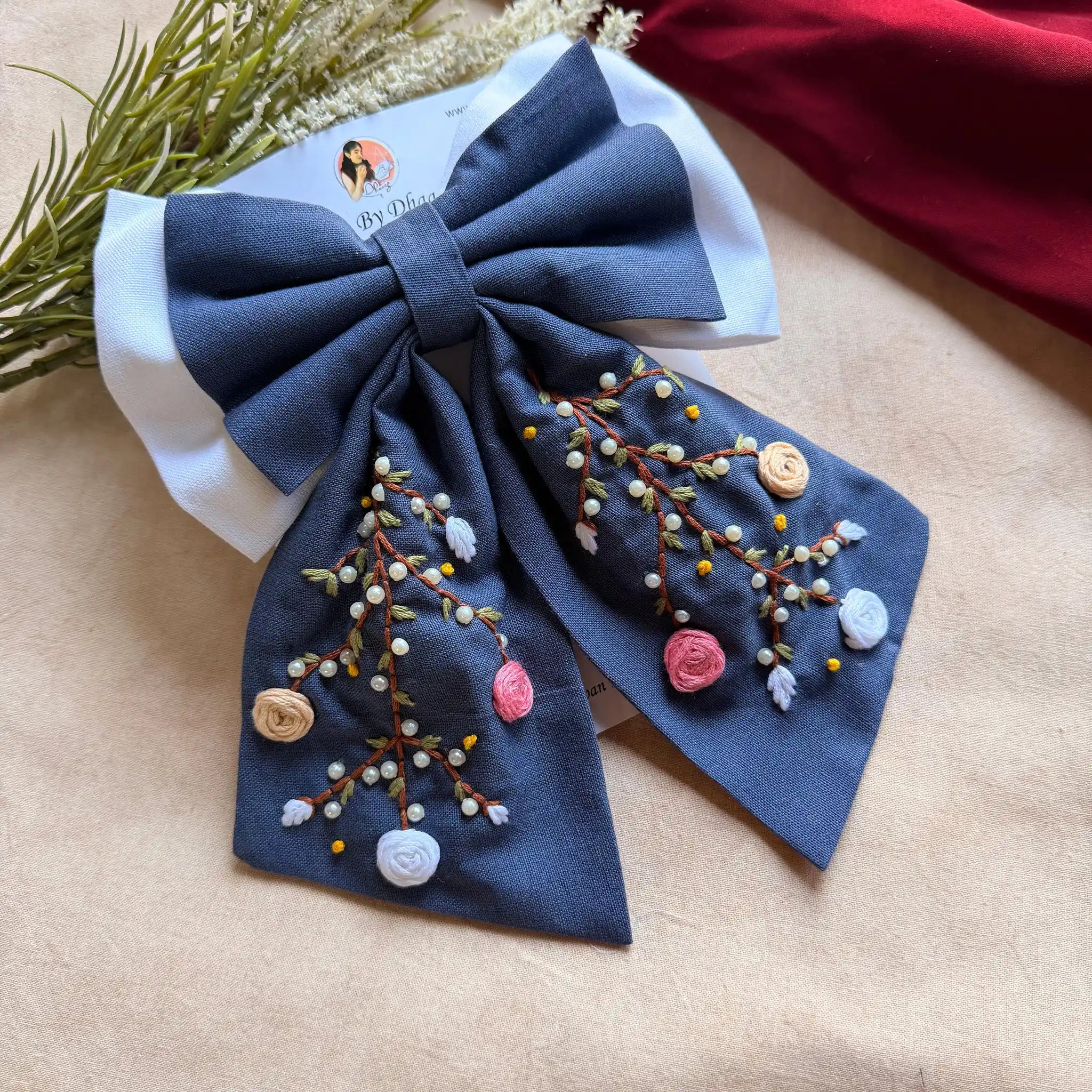 Aaradhya Denim Blue Hand Embroidered Bow Hairband
