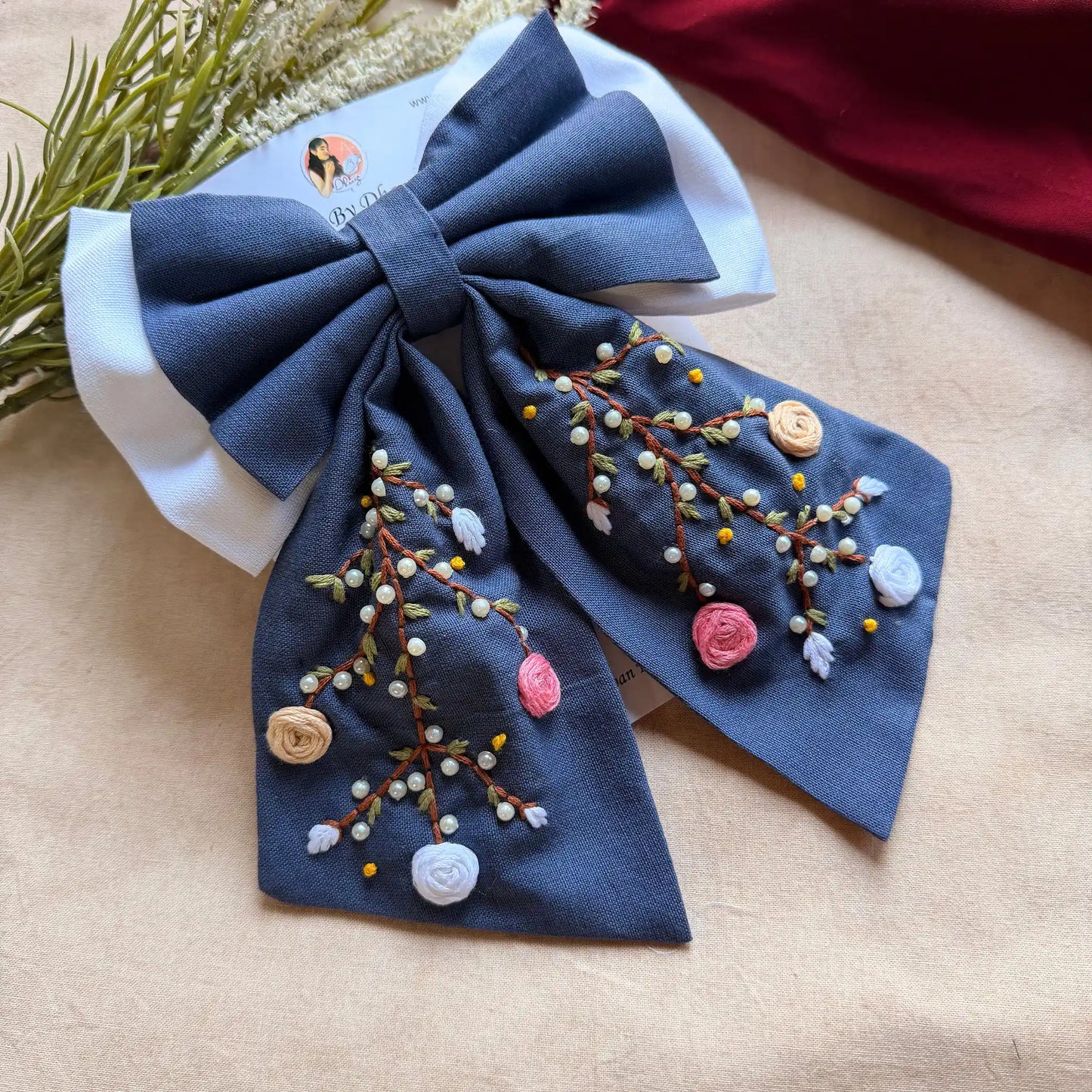 Aaradhya Denim Blue Hand Embroidered Bow Hairband