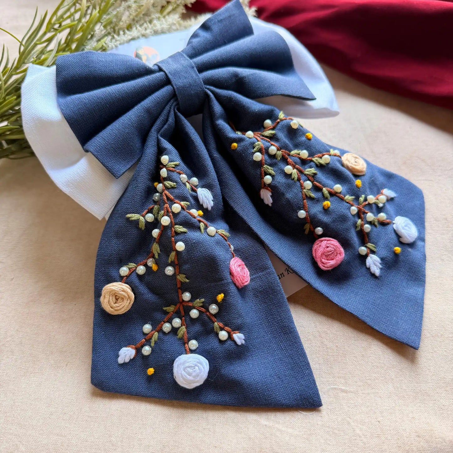 Aaradhya Denim Blue Hand Embroidered Bow Hairband