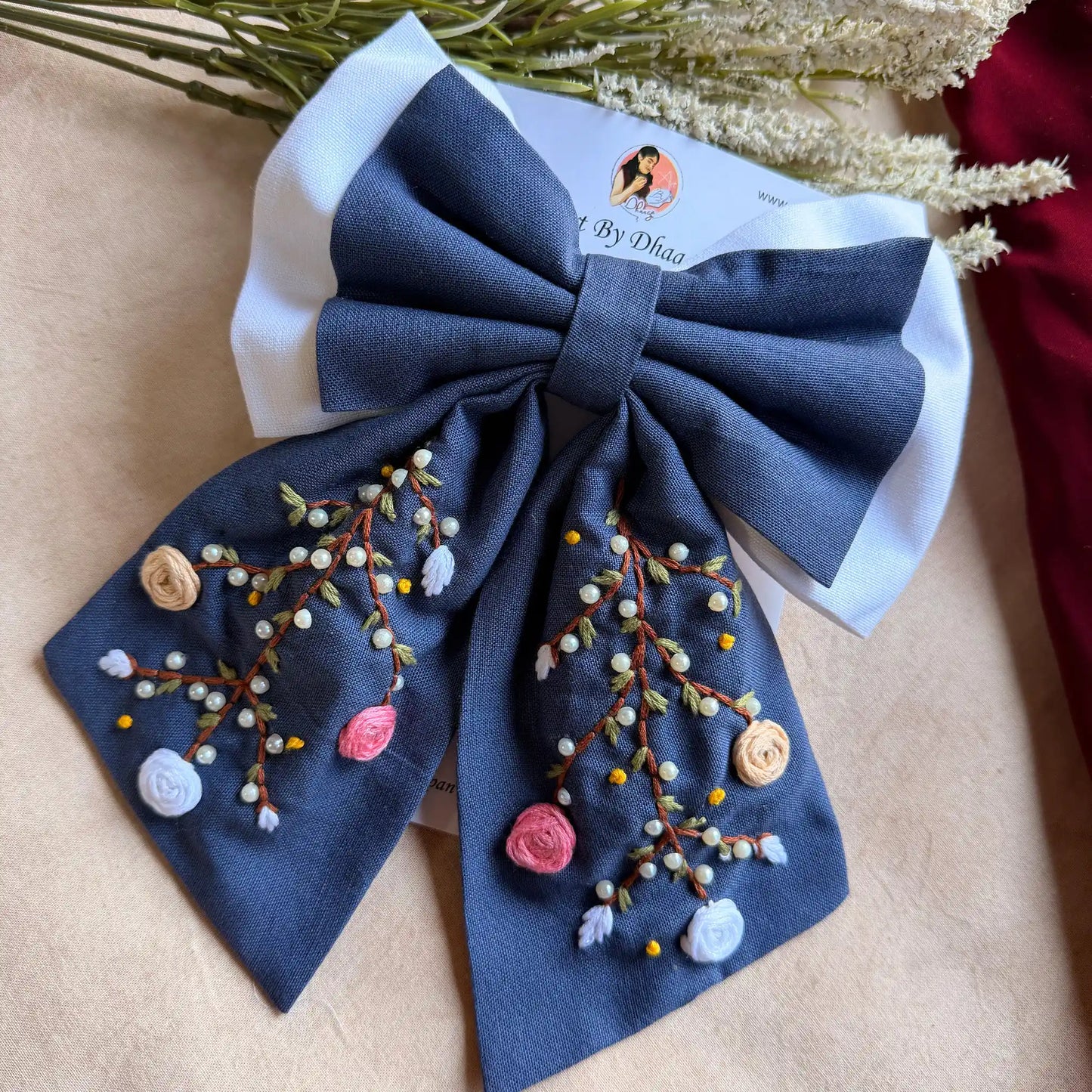 Aaradhya Denim Blue Hand Embroidered Bow Hairband