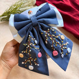 Aaradhya Denim Blue Hand Embroidered Bow Hairband