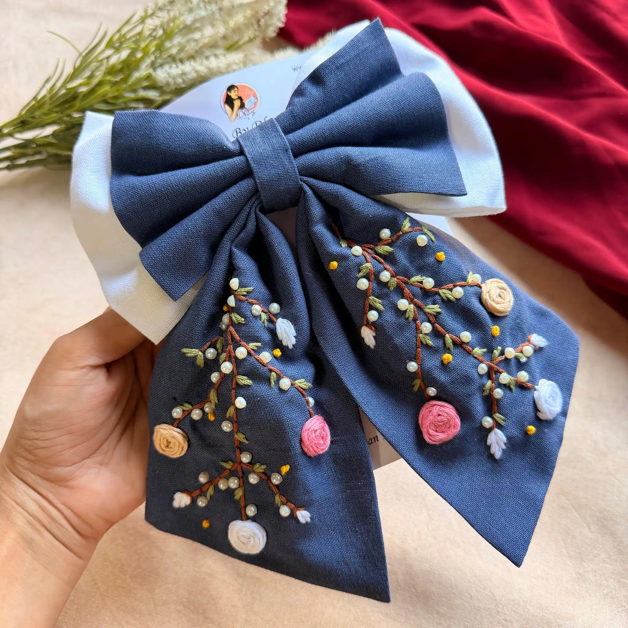 Aaradhya Denim Blue Hand Embroidered Bow Hairband