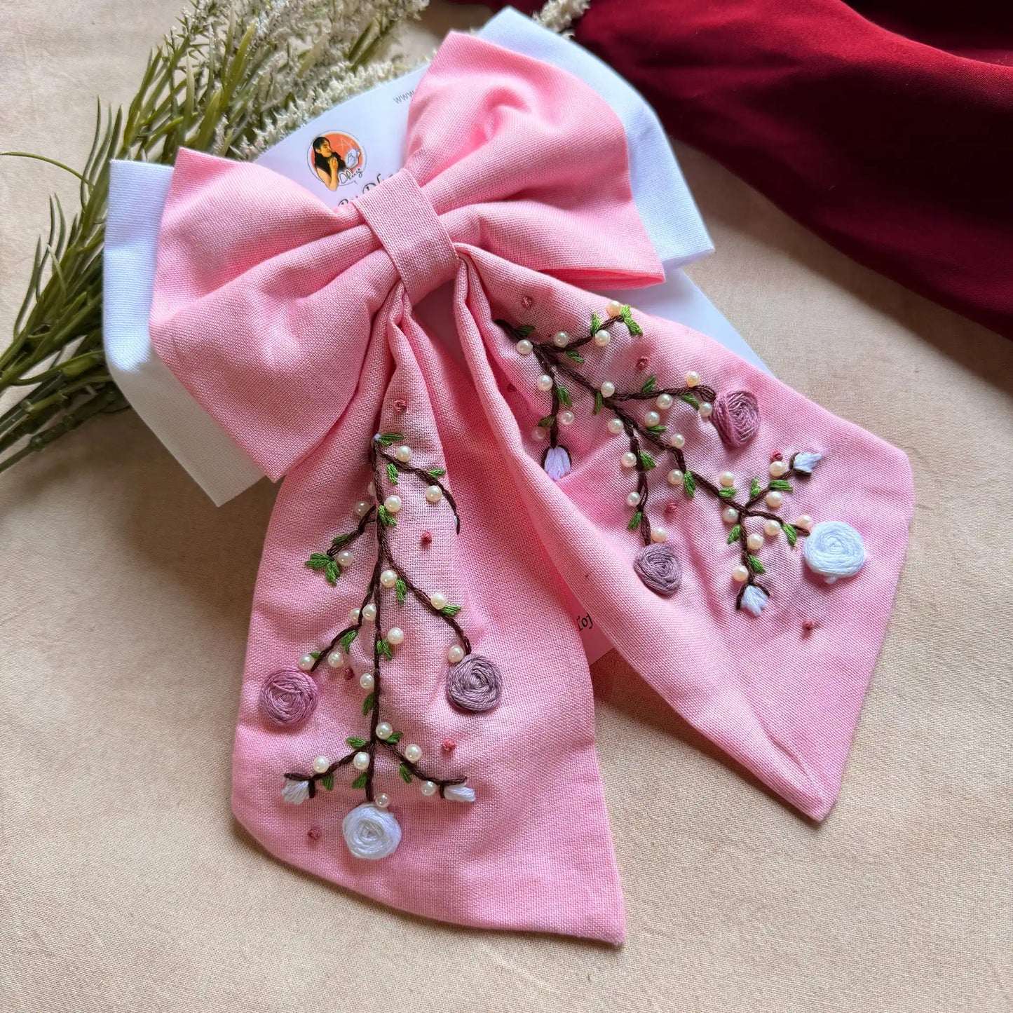 Aaradhya Pink Hand Embroidered Bow Hairband