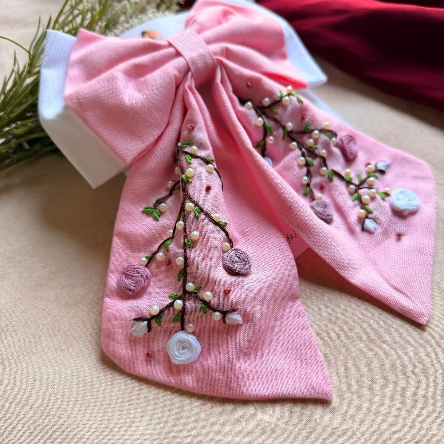 Aaradhya Pink Hand Embroidered Bow Hairband