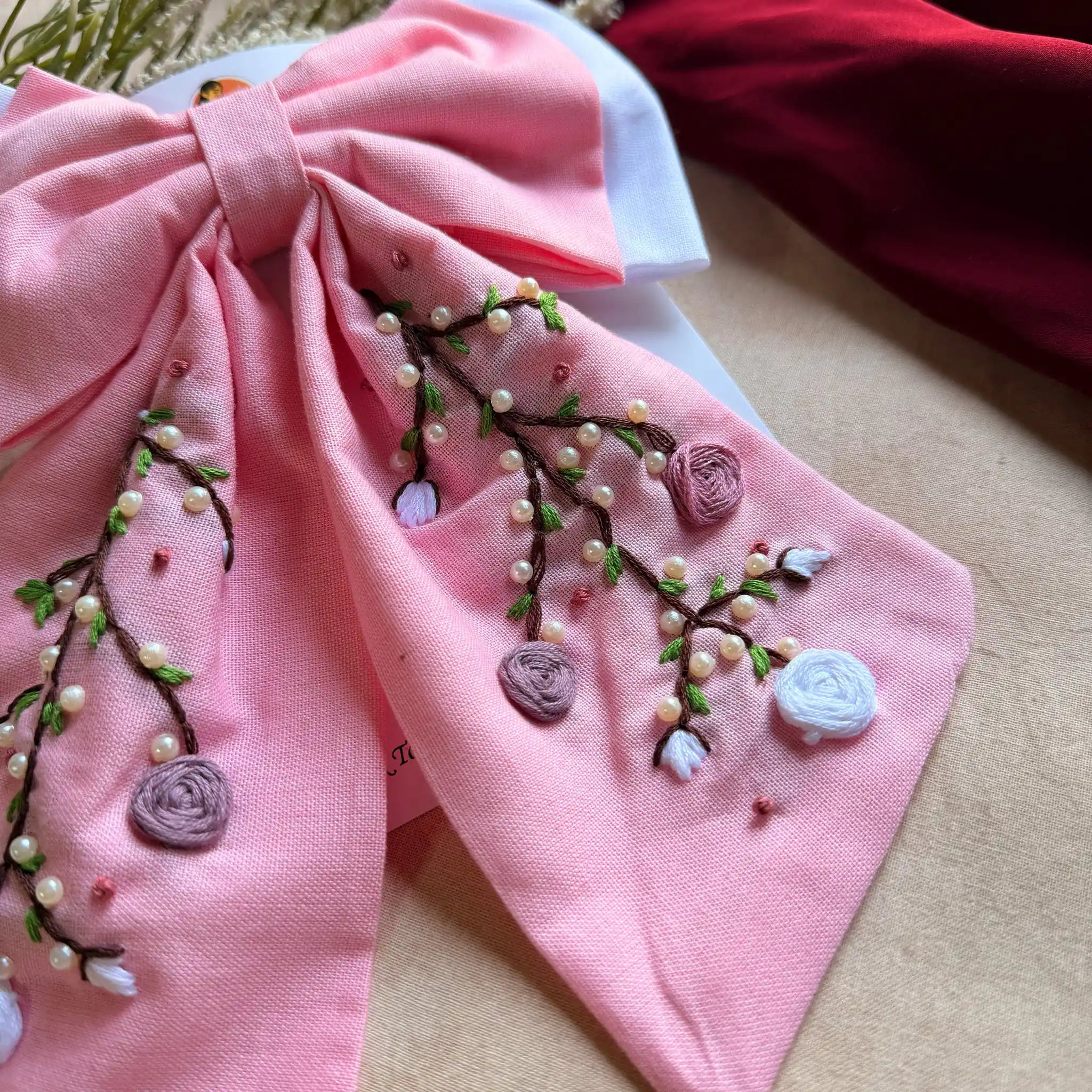 Aaradhya Pink Hand Embroidered Bow Hairband