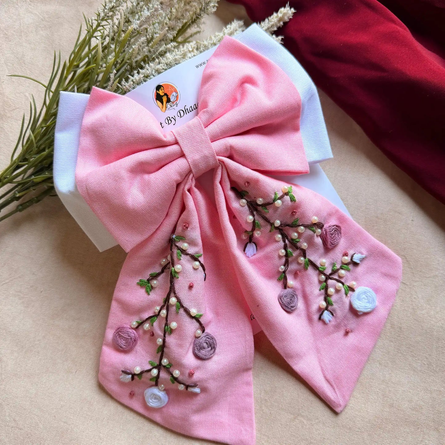 Aaradhya Pink Hand Embroidered Bow Hairband