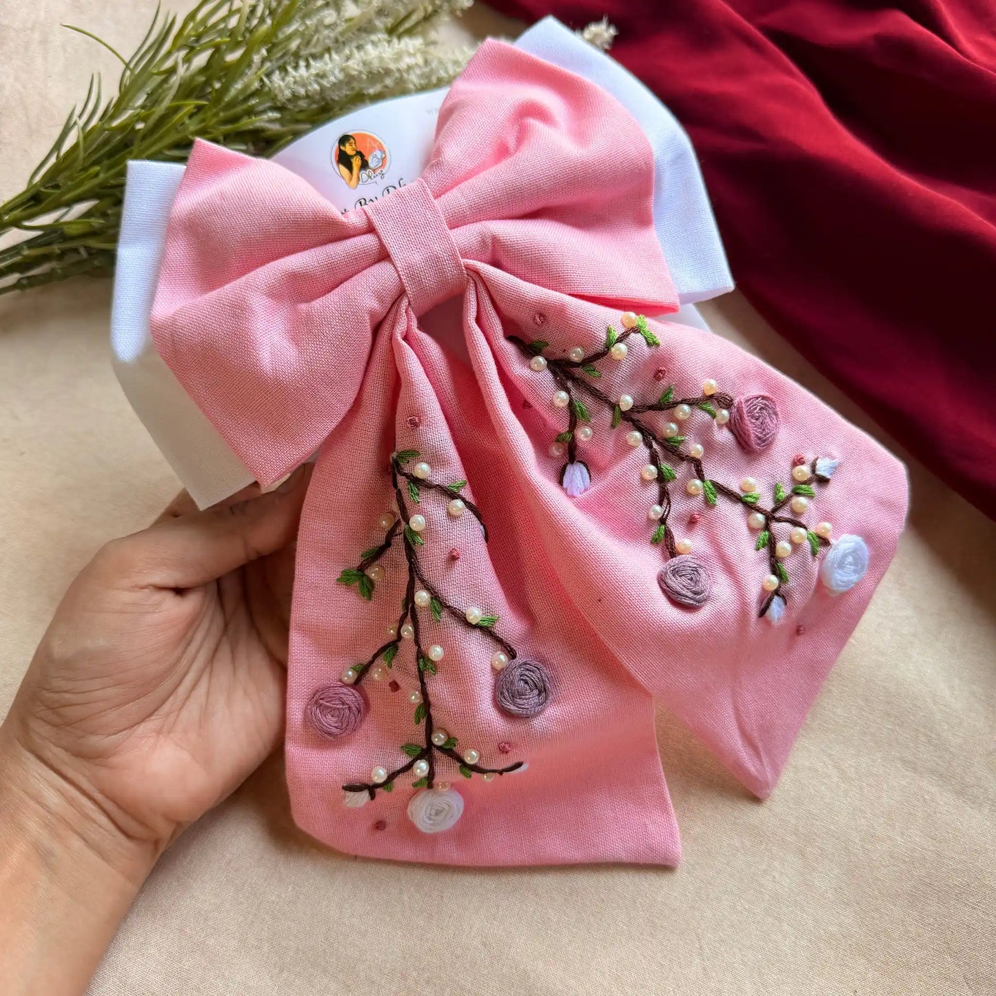 Aaradhya Pink Hand Embroidered Bow Hairband