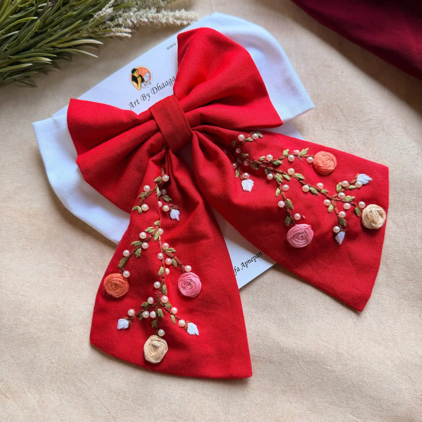 Aaradhya Red Hand Embroidered Bow Hairband