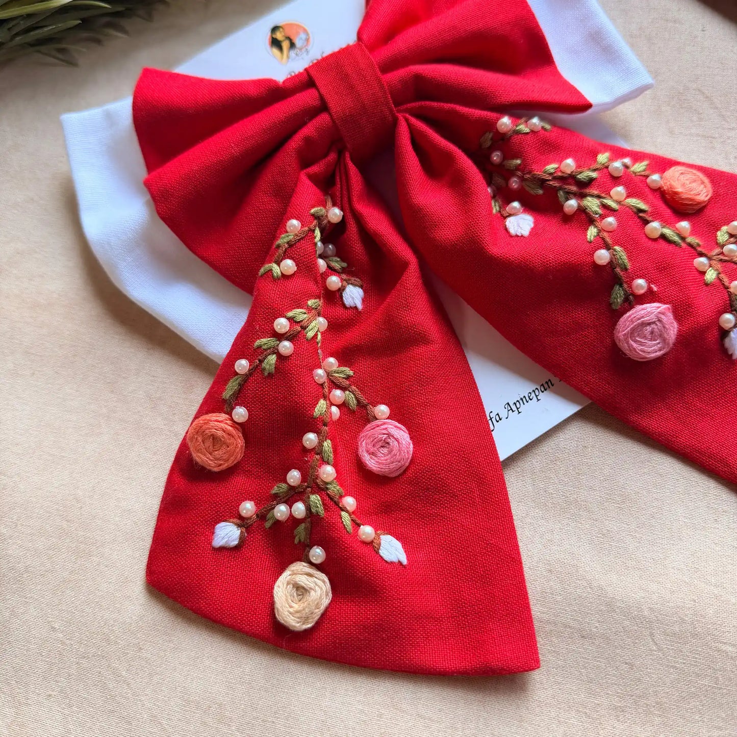 Aaradhya Red Hand Embroidered Bow Hairband