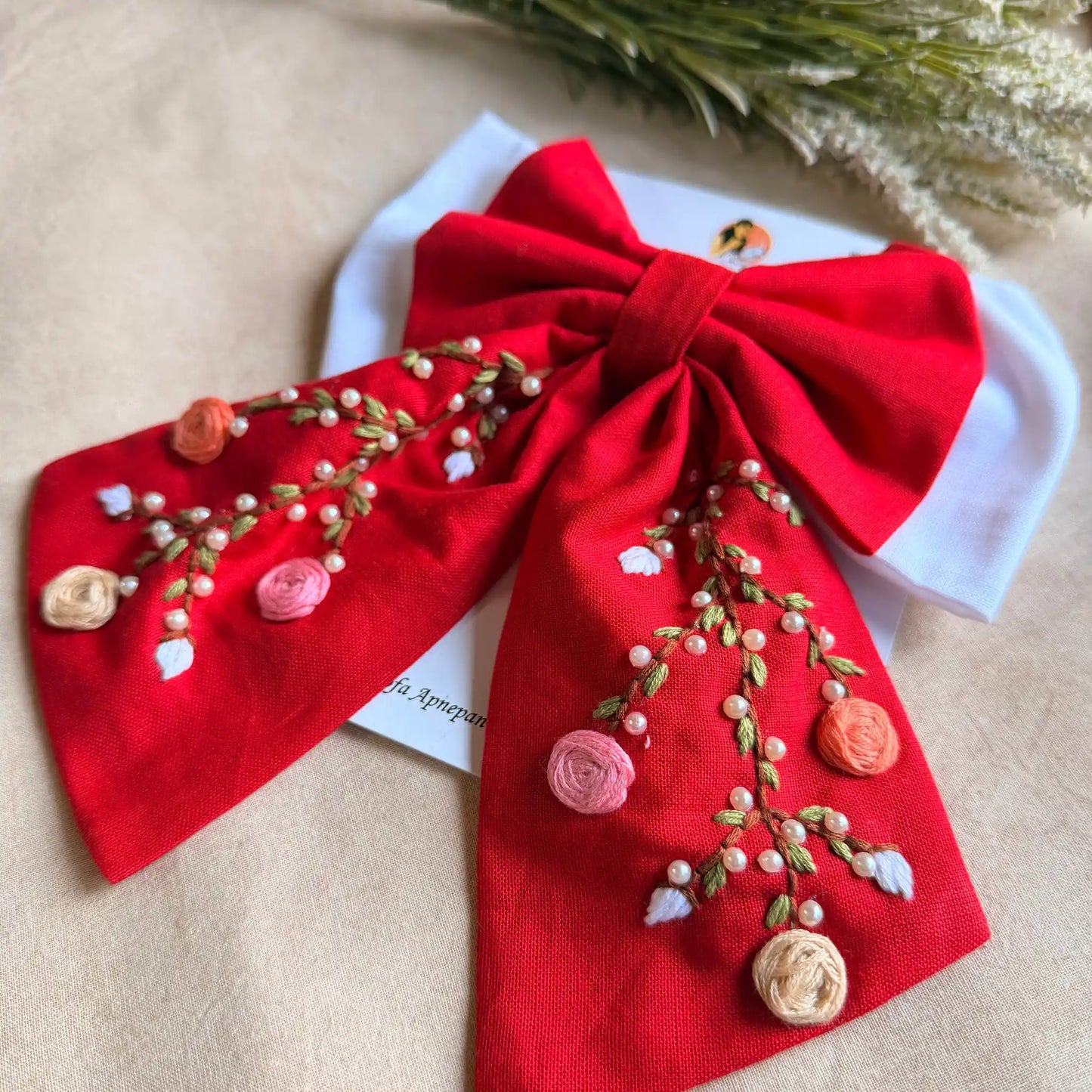 Aaradhya Red Hand Embroidered Bow Hairband