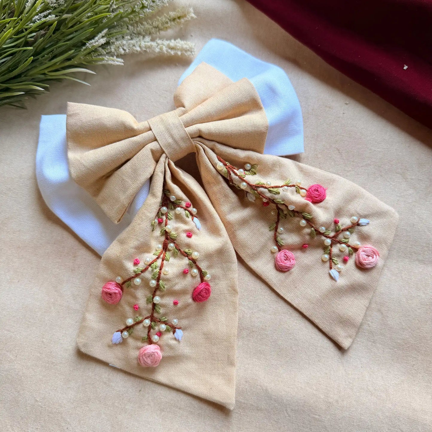 Aaradhya Beige Hand Embroidered Bow Hairband