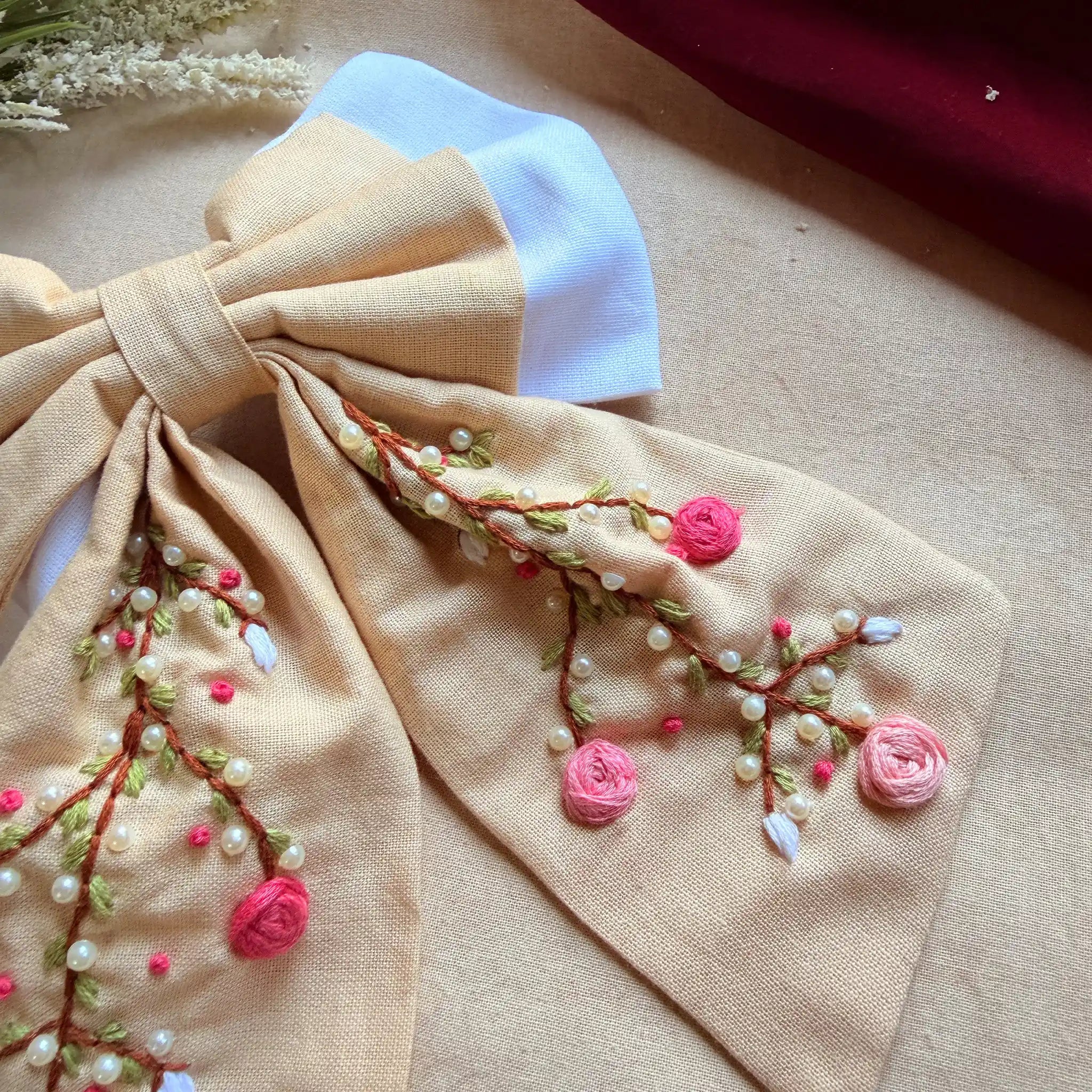 Aaradhya Beige Hand Embroidered Bow Hairband