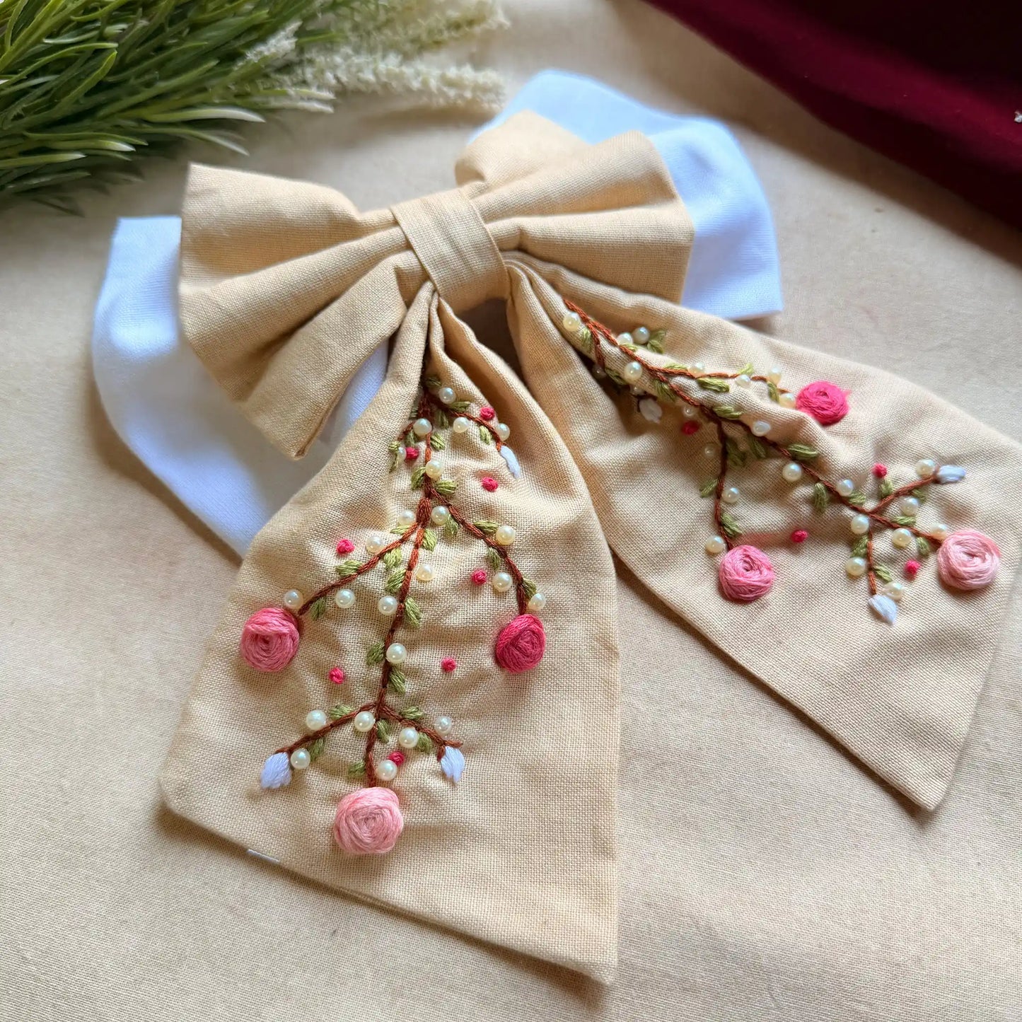 Aaradhya Beige Hand Embroidered Bow Hairband