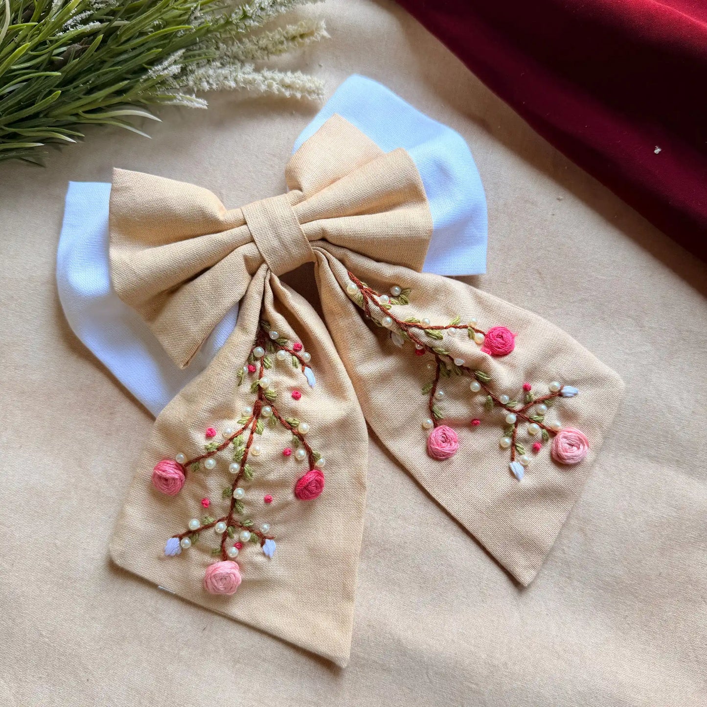 Aaradhya Beige Hand Embroidered Bow Hairband