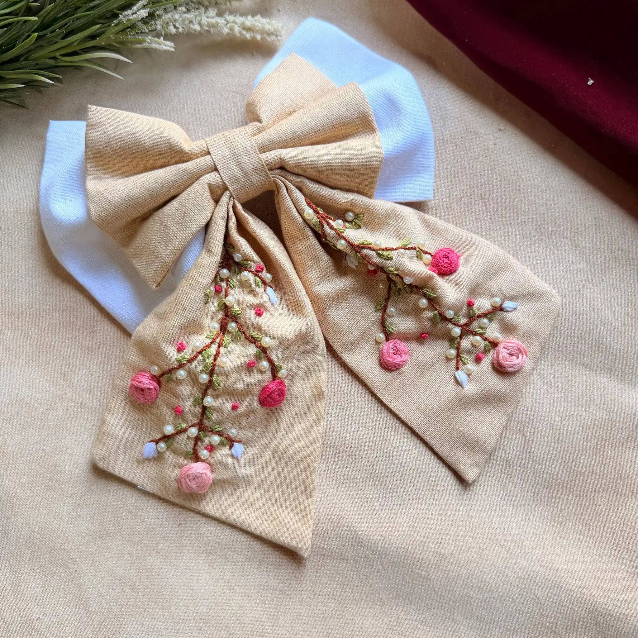 Aaradhya Beige Hand Embroidered Bow Hairband