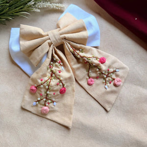 Aaradhya Beige Hand Embroidered Bow Hairband