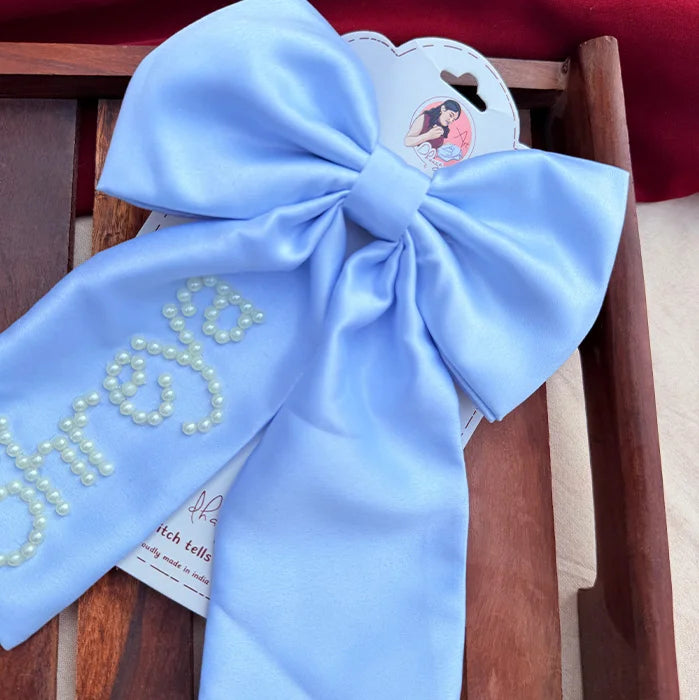 Pearl Promise Personalized Bow | Hand-Embroidered Satin Hair Accessory