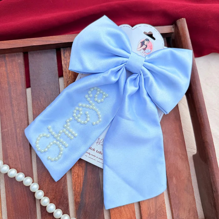 Pearl Promise Personalized Bow | Hand-Embroidered Satin Hair Accessory