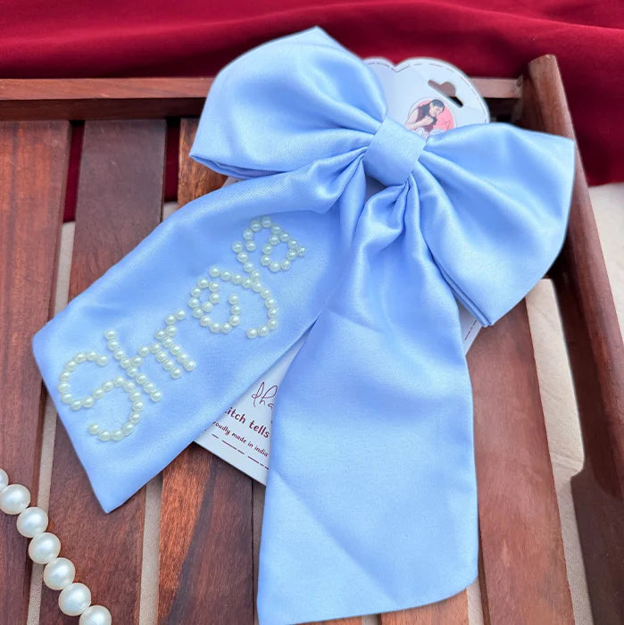 Pearl Promise Personalized Bow | Hand-Embroidered Satin Hair Accessory