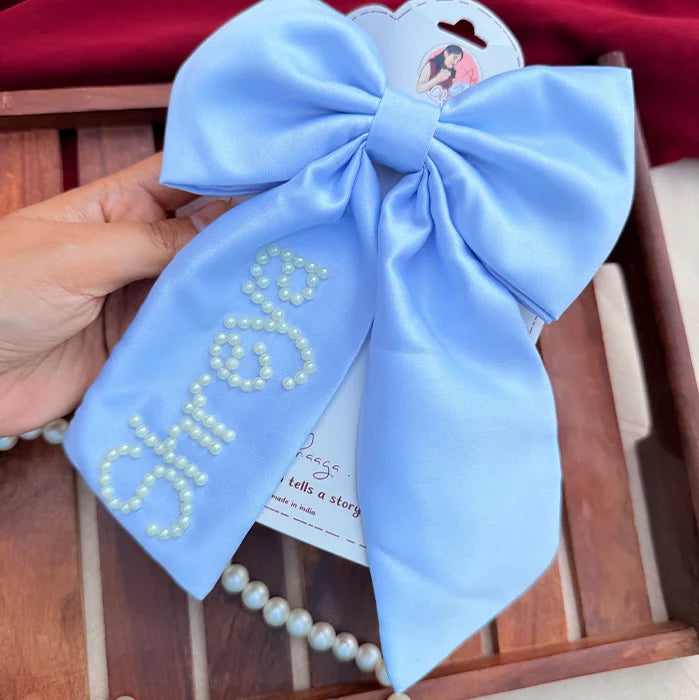 Pearl Promise Personalized Bow | Hand-Embroidered Satin Hair Accessory