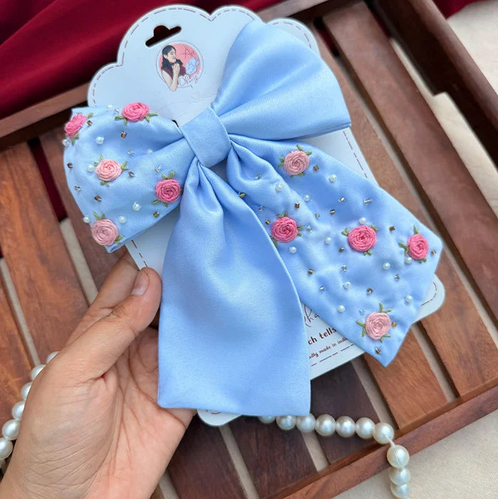 Baby Blue Bliss | Hand-Embroidered Floral Statement Hair Bow