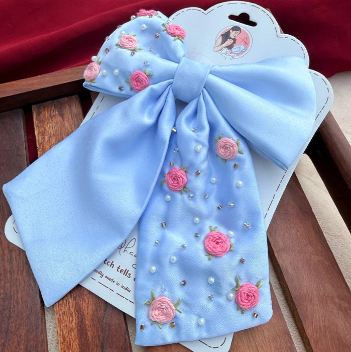 Baby Blue Bliss | Hand-Embroidered Floral Statement Hair Bow