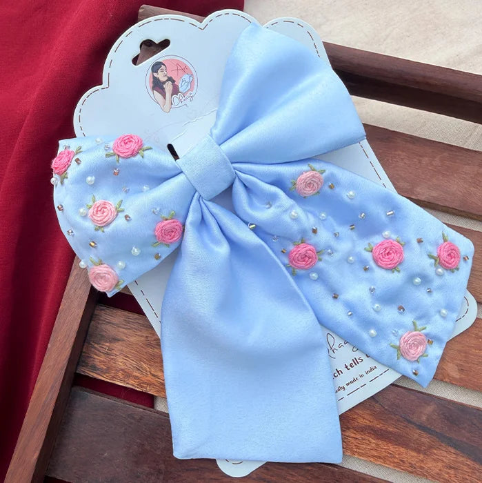 Baby Blue Bliss | Hand-Embroidered Floral Statement Hair Bow