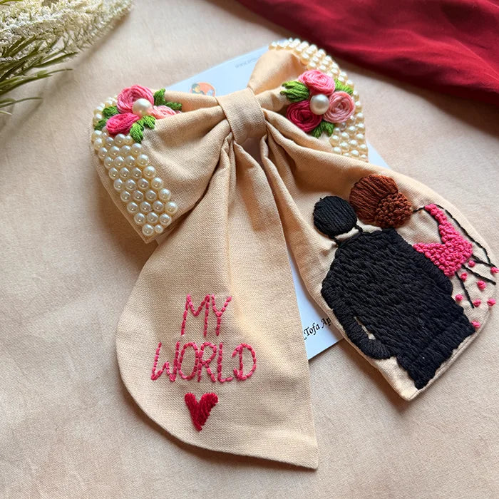 My World Hand Embroidered Couple Bow Hair Clip – Beige