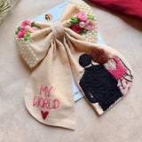 My World Hand Embroidered Couple Bow Hair Clip – Beige