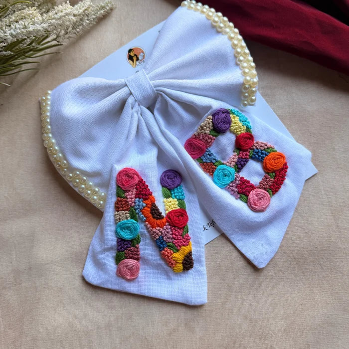Couple Initial White Hand Embroidered Personalized Bow Hair Clip