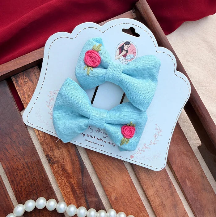 Aqua Rose Twins | Hand-Embroidered Floral Hair Bow Set