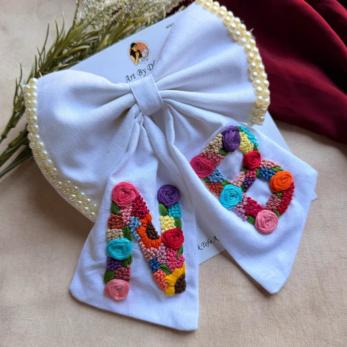 Couple Initial White Hand Embroidered Personalized Bow Hair Clip
