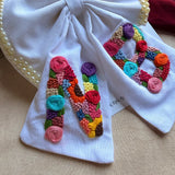 Couple Initial White Hand Embroidered Personalized Bow Hair Clip