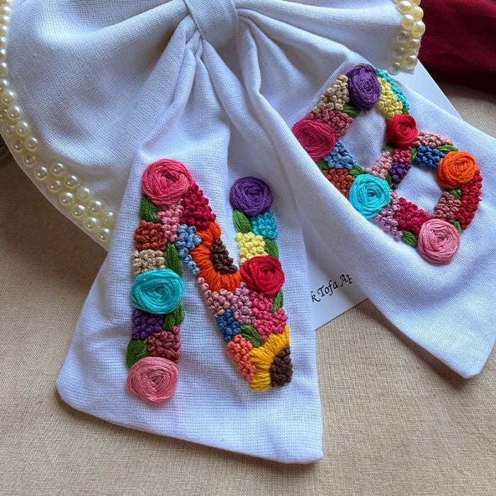 Couple Initial White Hand Embroidered Personalized Bow Hair Clip