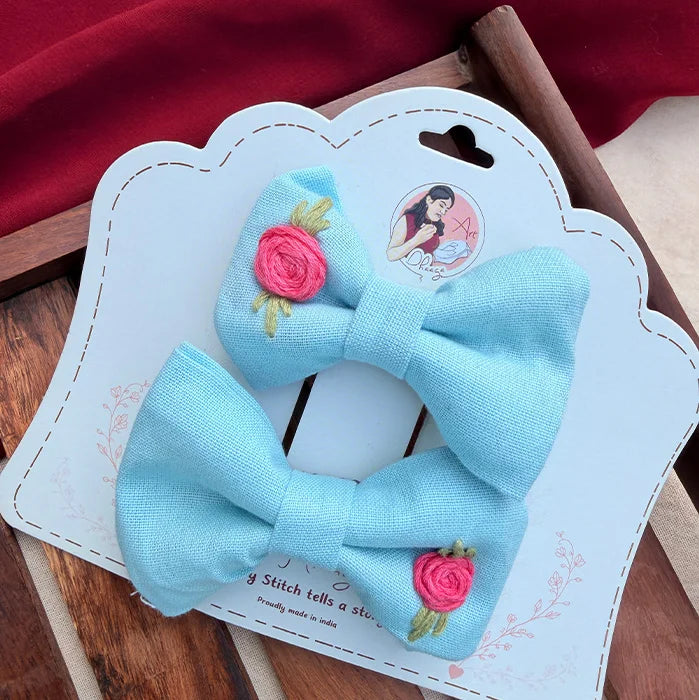 Aqua Rose Twins | Hand-Embroidered Floral Hair Bow Set