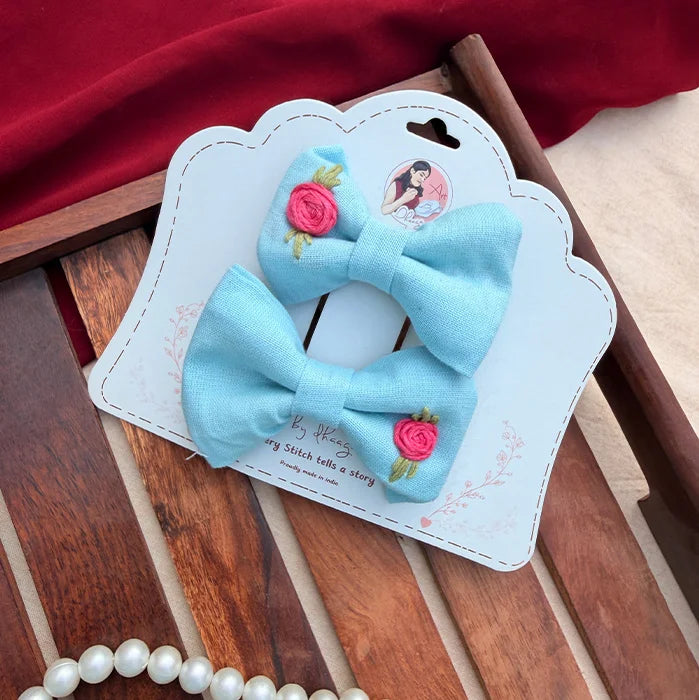 Aqua Rose Twins | Hand-Embroidered Floral Hair Bow Set