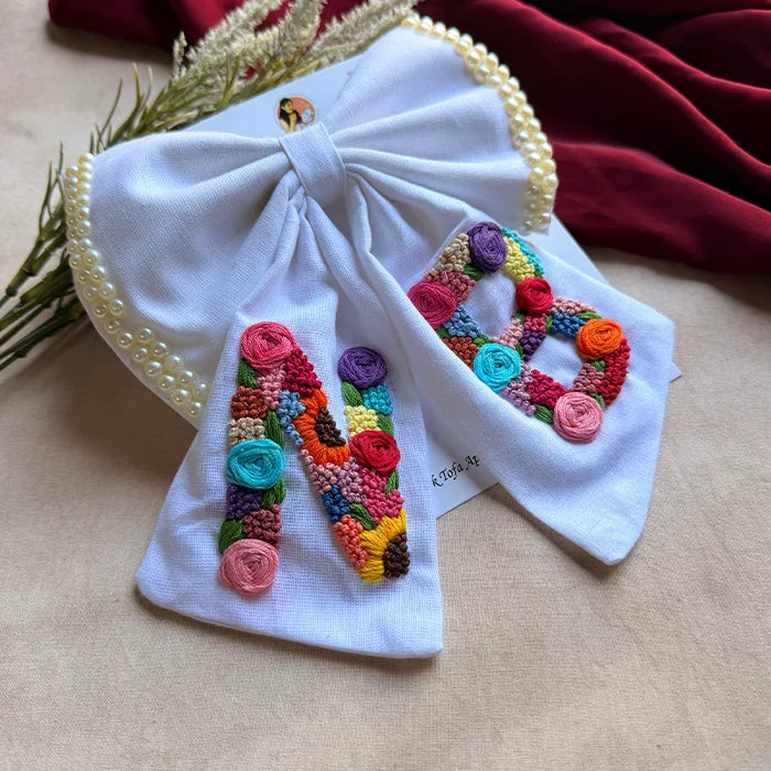 Couple Initial White Hand Embroidered Personalized Bow Hair Clip