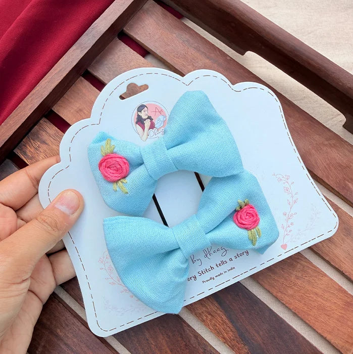 Aqua Rose Twins | Hand-Embroidered Floral Hair Bow Set