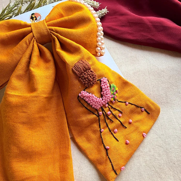 Mustard Doll Hand Embroidered Bow Hair Clip