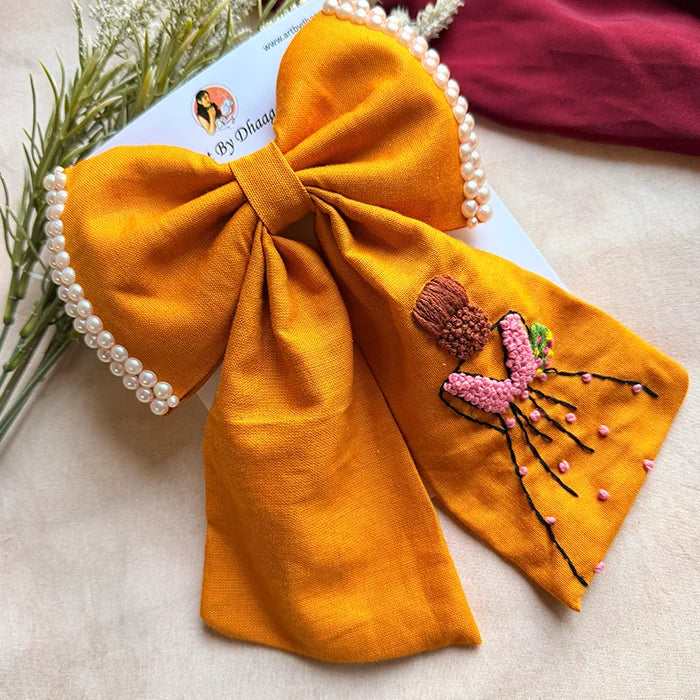 Mustard Doll Hand Embroidered Bow Hair Clip