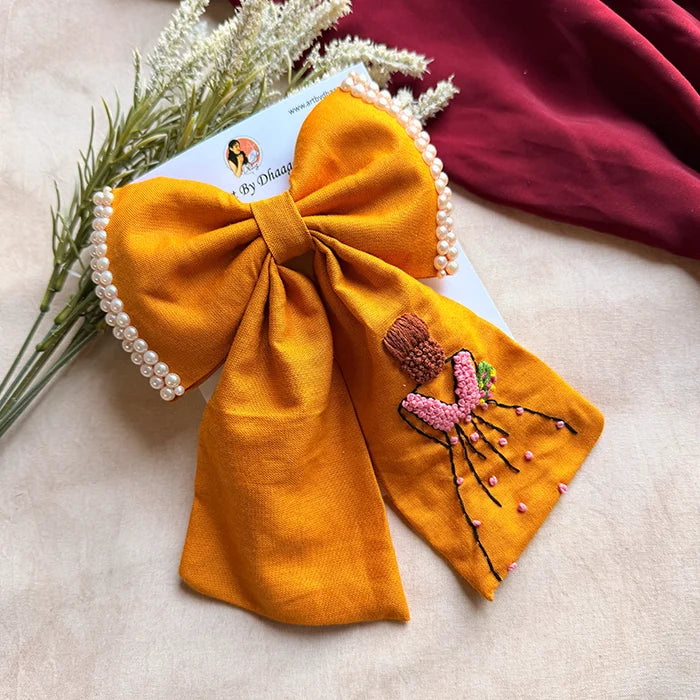 Mustard Doll Hand Embroidered Bow Hair Clip