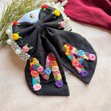 Couple Initial Black Hand Embroidered Personalized Bow Hair Clip