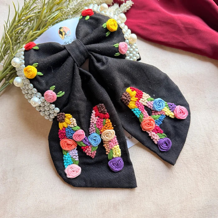 Couple Initial Black Hand Embroidered Personalized Bow Hair Clip