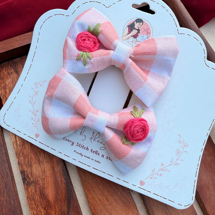 Checkmate Twins | Hand-Embroidered Gingham Bow Set